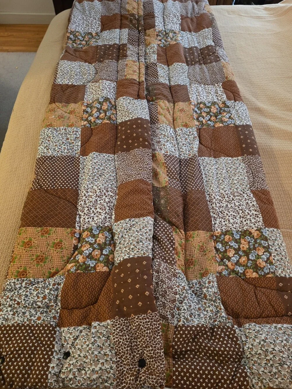 Vintage 1960s 1970s Cotton Brown Quilted Patch Work Floral Sleeping Bag Blanket